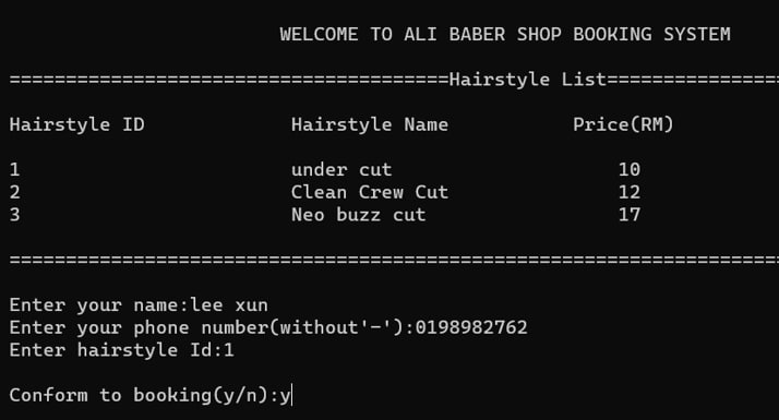 Ali Barber Shop Booking System main page