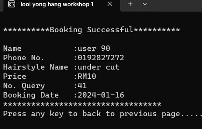 Ali Barber Shop booking result interface
